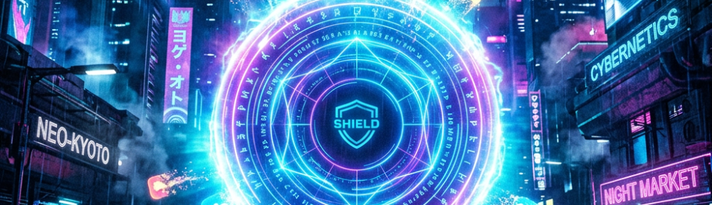 Glowing digital shield in neon city surrounded by social media and cryptocurrency icons